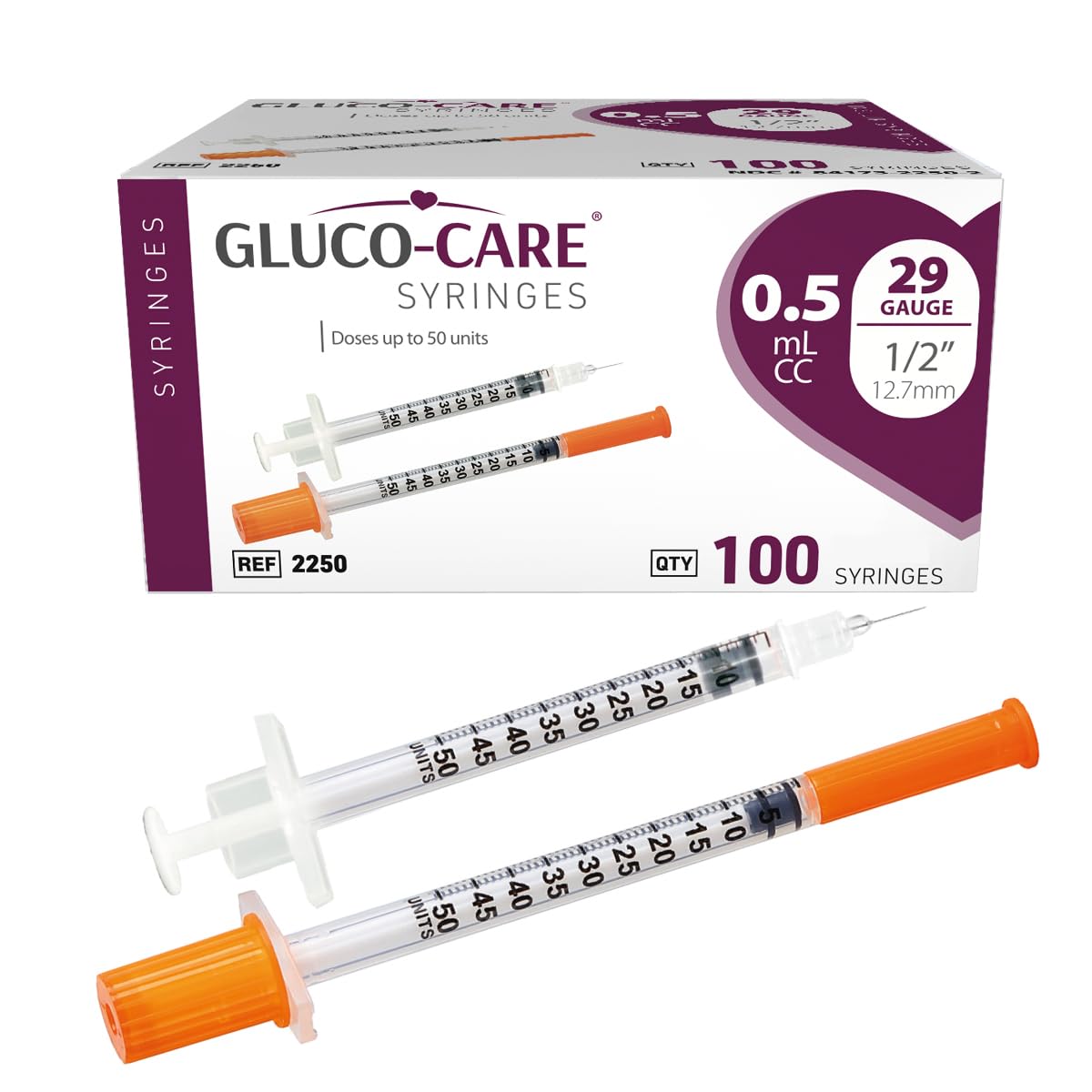 GLUCO-CARE frente del empaque mostrando caja de 100 jeringas y beneficio de almacenamiento