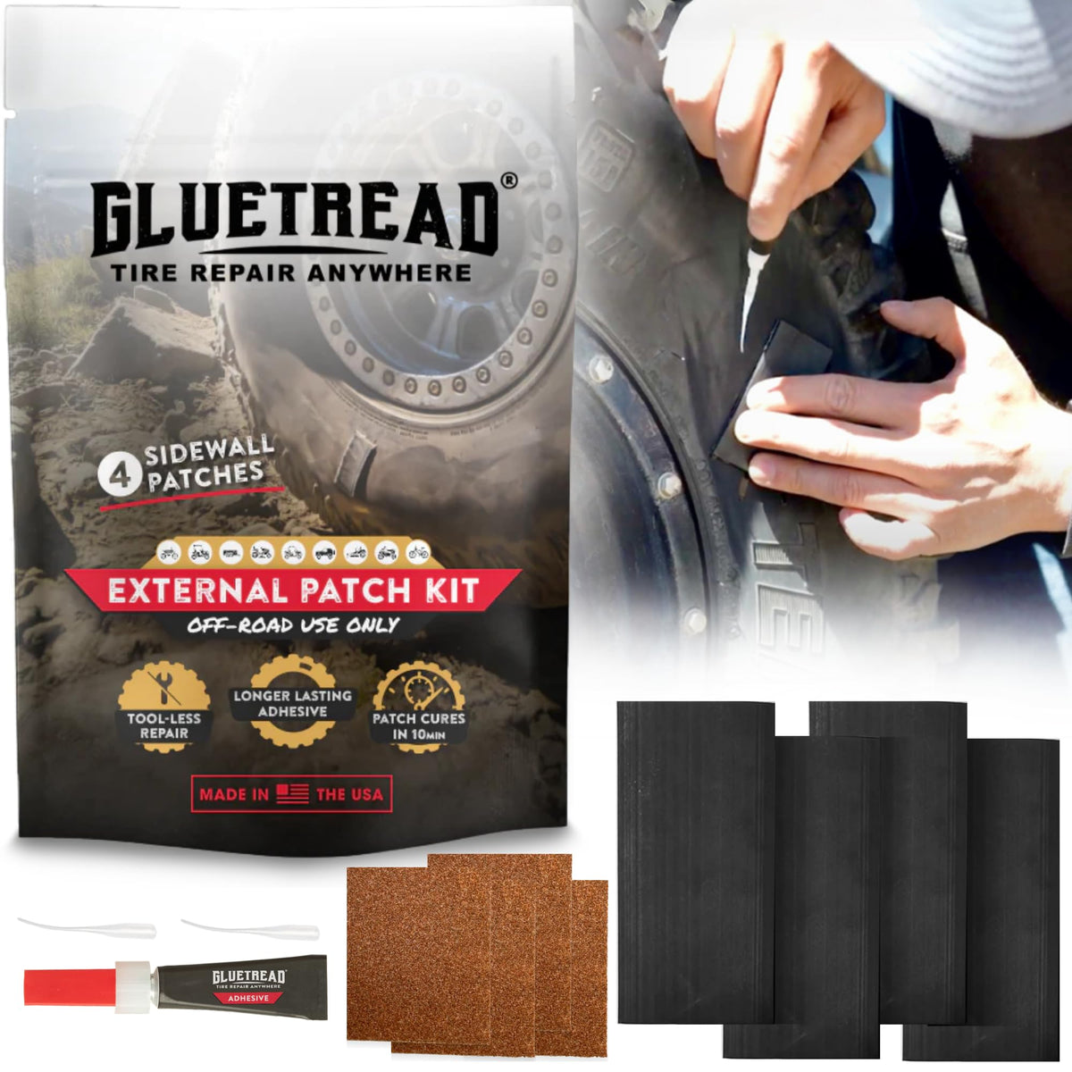 GlueTread paquete frontal mostrando kit completo y portabilidad