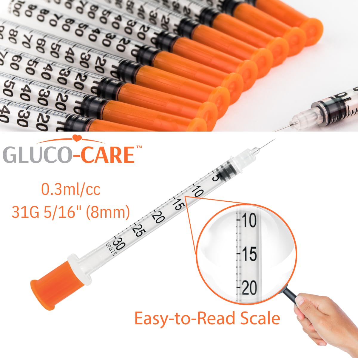 GLUCO-CARE jeringas dentro de una bolsa individual listas para uso