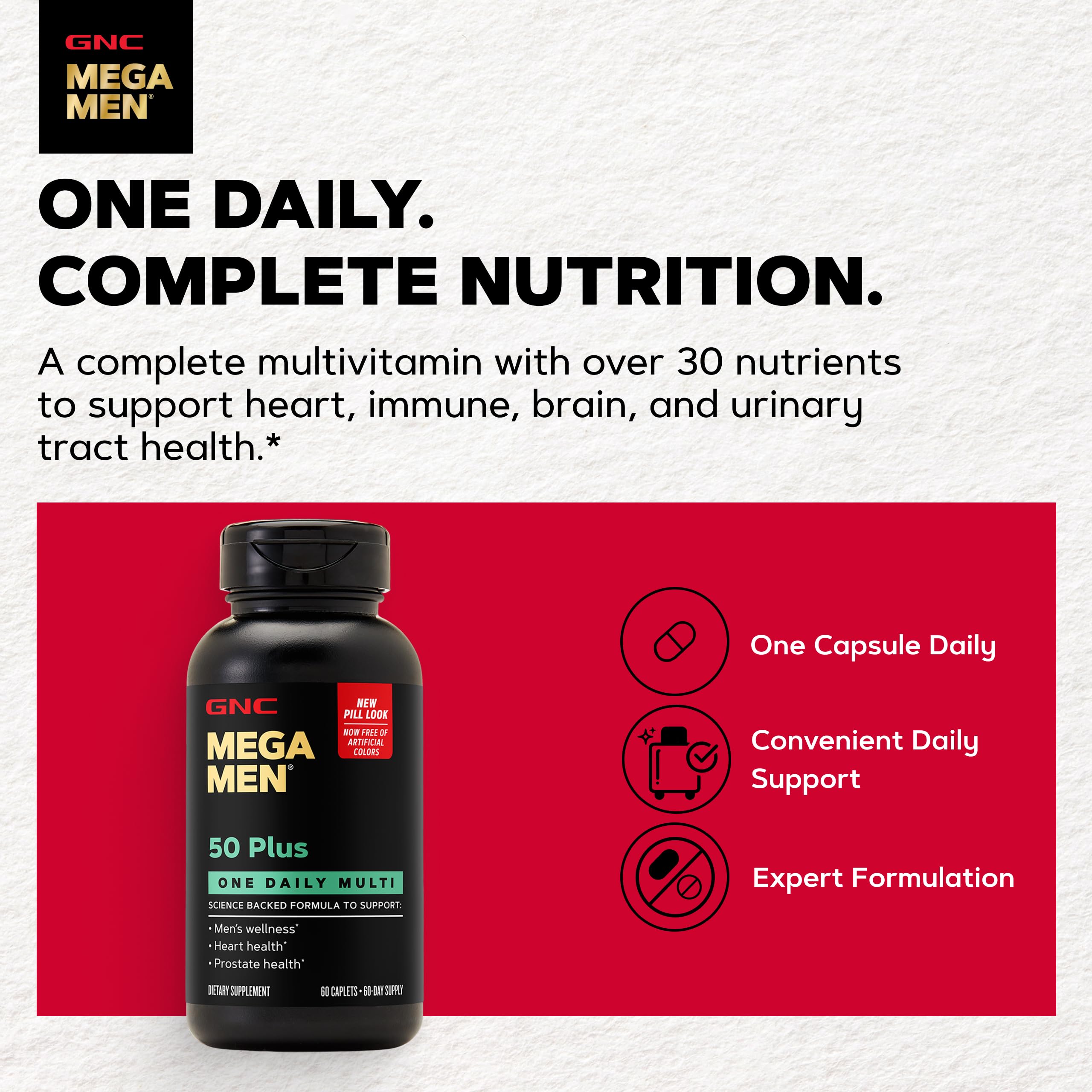 GNC etiqueta de Mega Men 50 Plus resaltando información nutricional y beneficios clave