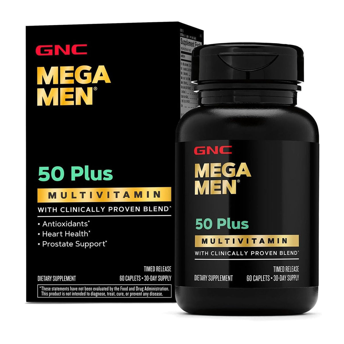 GNC Mega Men 50 Plus botella frontal mostrando etiqueta y cantidad de tabletas