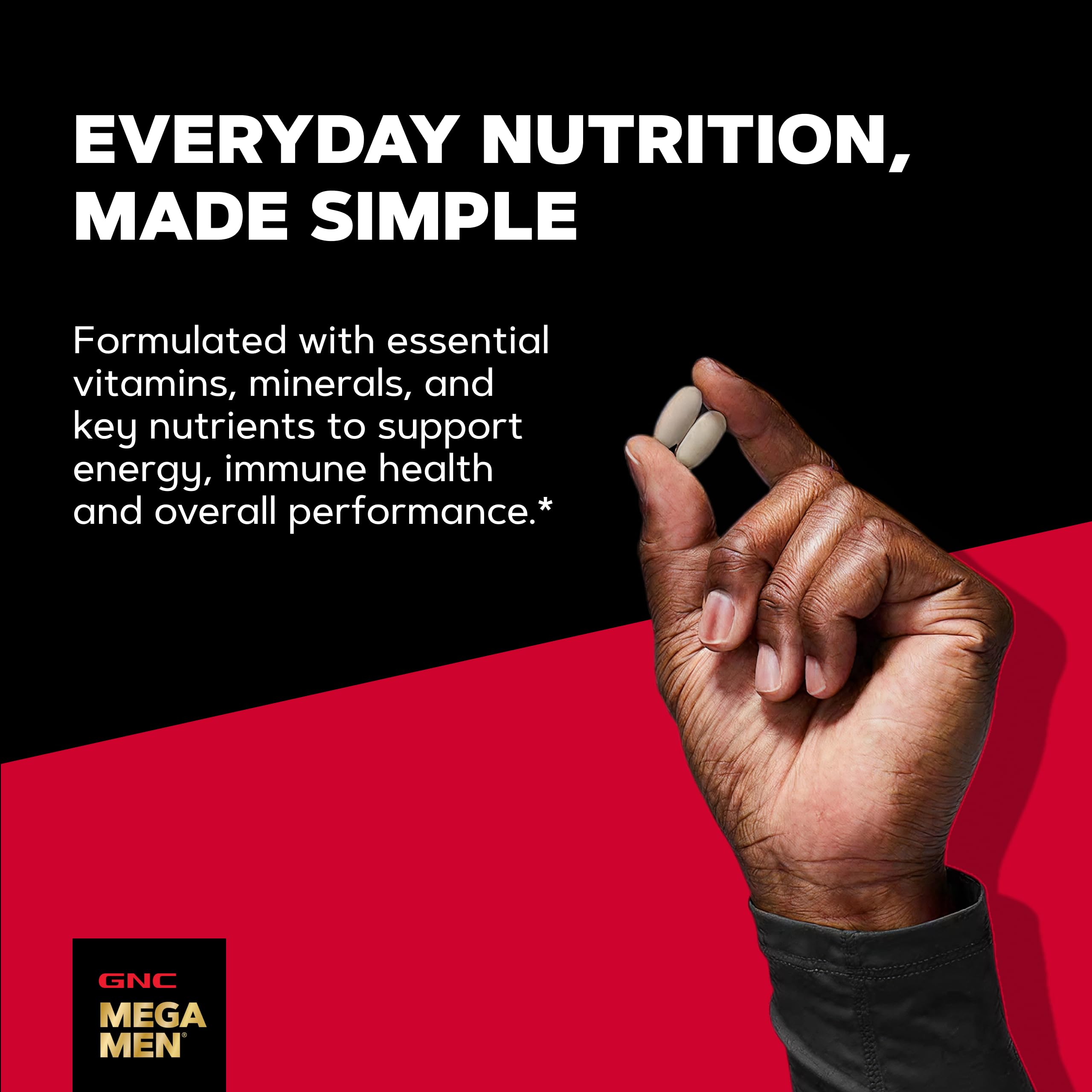 Open GNC Mega Men Sport bottle with pills spilling, illustrating daily serving convenience