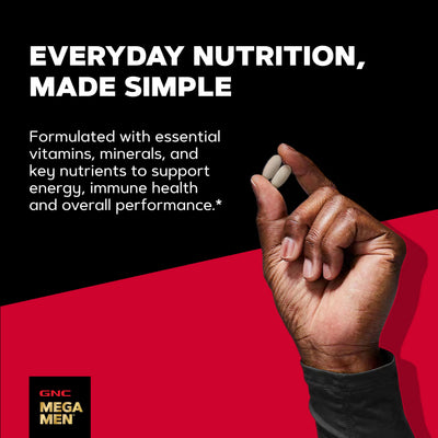 Open GNC Mega Men Sport bottle with pills spilling, illustrating daily serving convenience