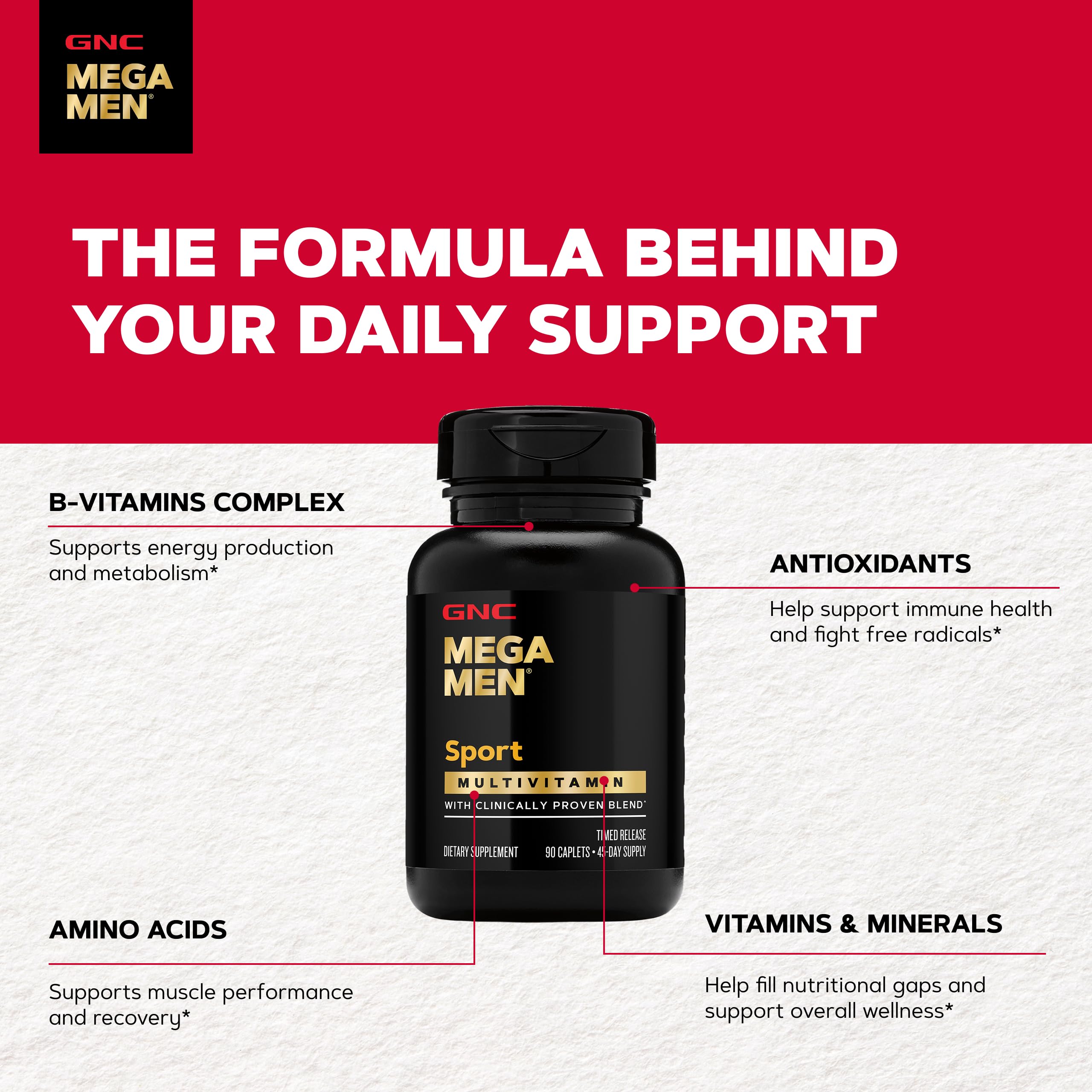 Hand holding GNC Mega Men Sport bottle for scale to demonstrate compact 90-count size