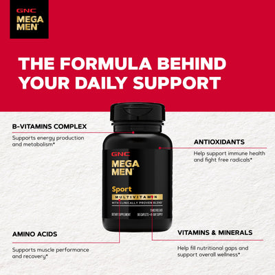Hand holding GNC Mega Men Sport bottle for scale to demonstrate compact 90-count size