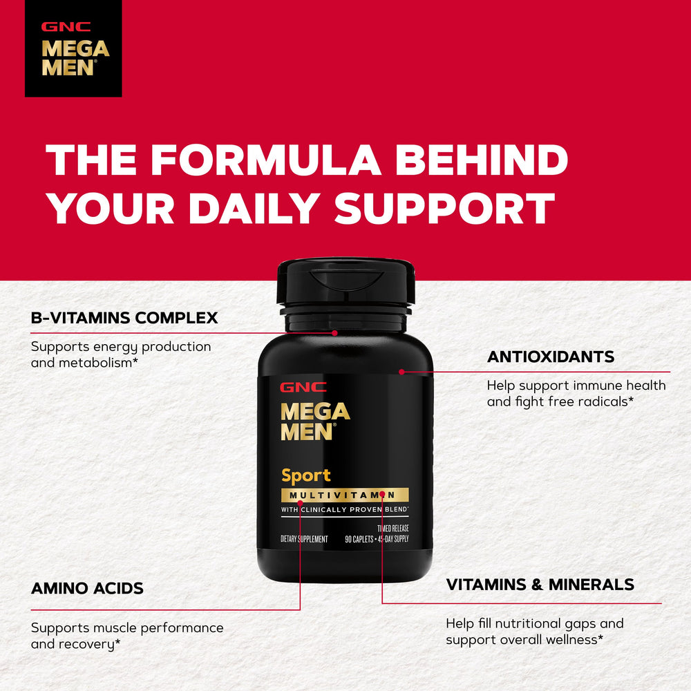 Hand holding GNC Mega Men Sport bottle for scale to demonstrate compact 90-count size