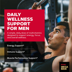 Close-up of GNC Mega Men Sport tablets highlighting texture and ease of swallowing