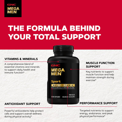Frasco de GNC Mega Men Sport junto a una regla para comparar tamaño