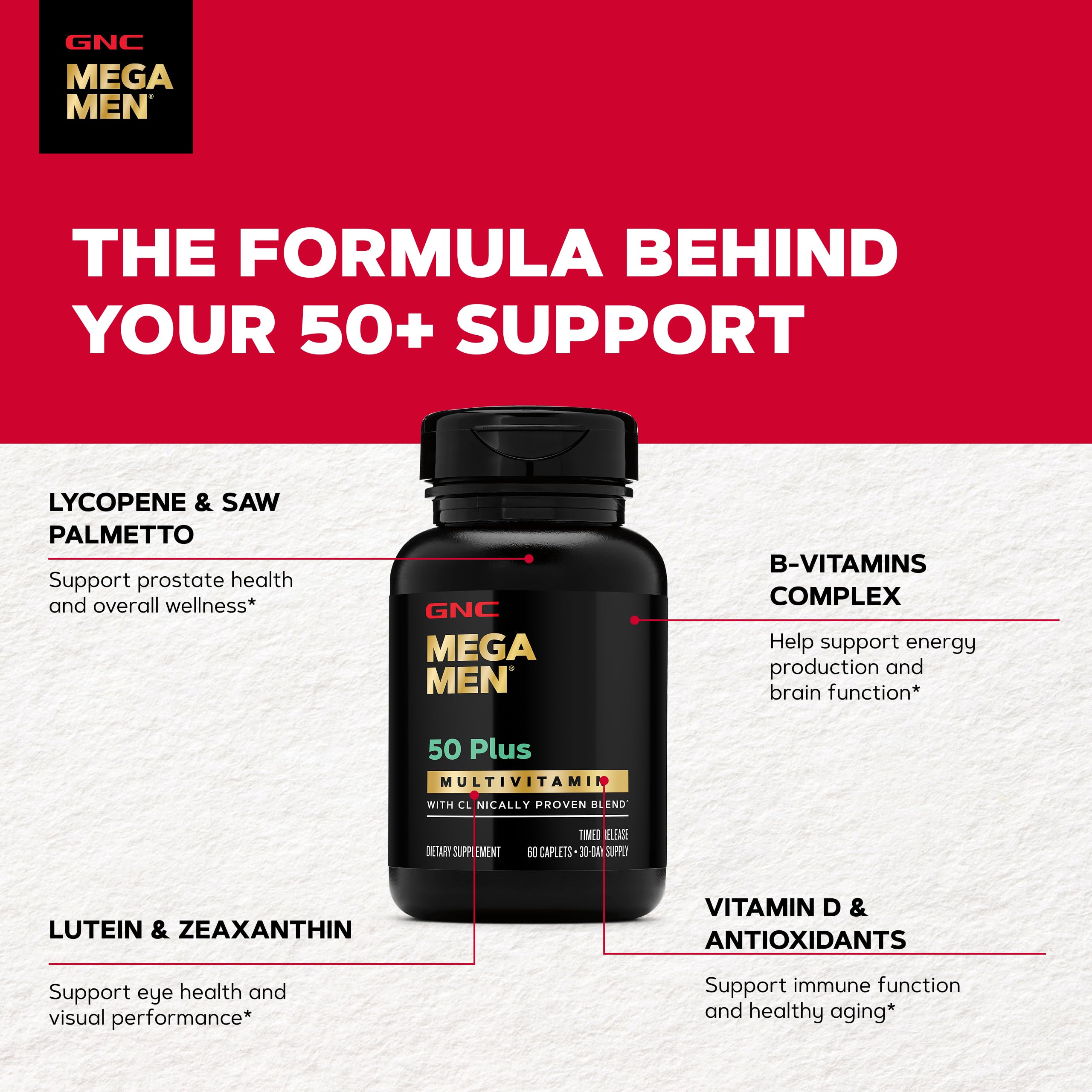 GNC Mega Men 50 Plus tabletas dispuestas sobre fondo blanco para claridad visual