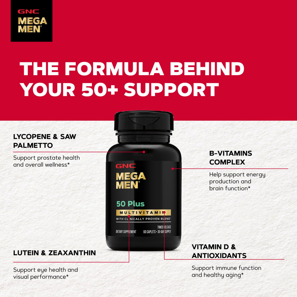 GNC Mega Men 50 Plus tabletas dispuestas sobre fondo blanco para claridad visual