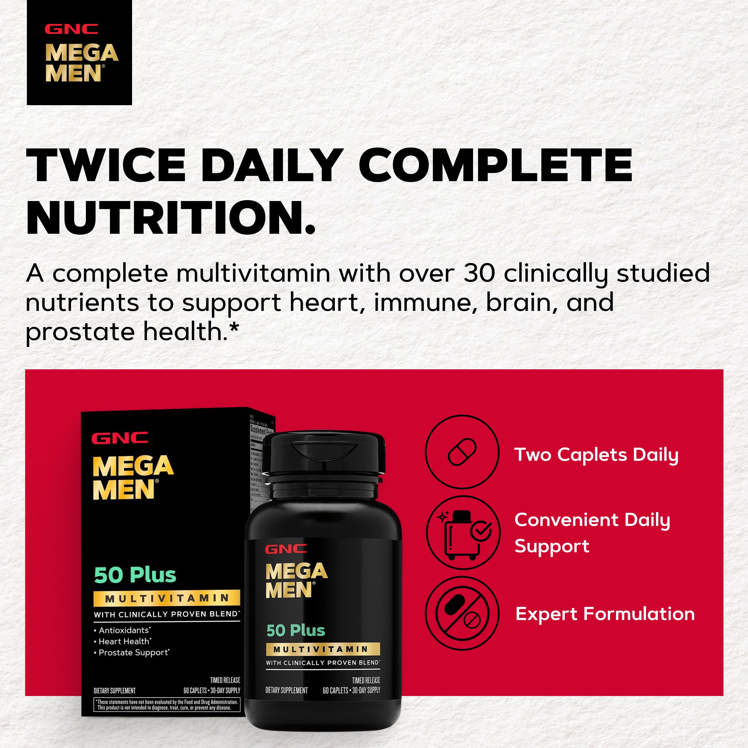 GNC Mega Men 50 Plus tabletas a primer plano mostrando textura y tamaño