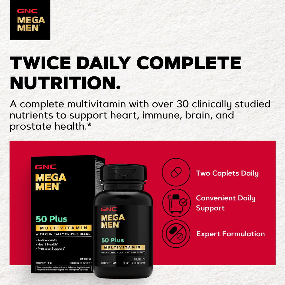 GNC Mega Men 50 Plus tabletas a primer plano mostrando textura y tamaño