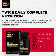GNC Mega Men 50 Plus tabletas a primer plano mostrando textura y tamaño