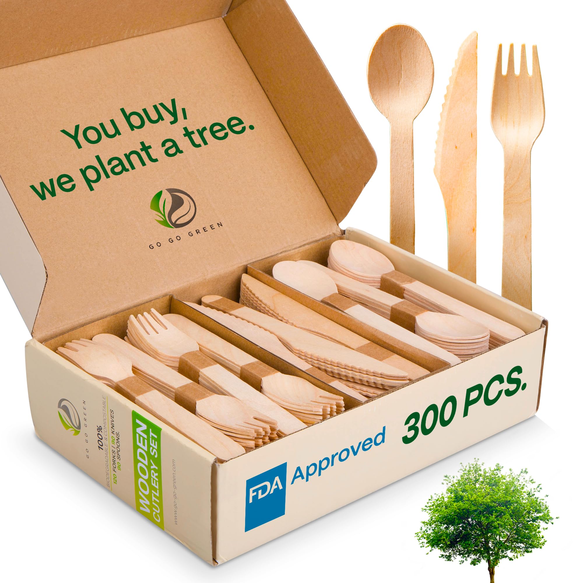 GO GO GREEN front packaging showing 300-piece compostable wooden cutlery set, easy storage benefit