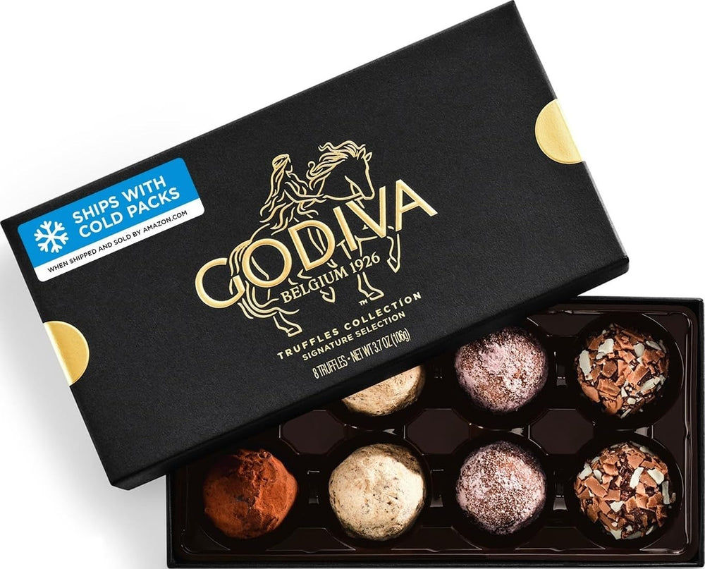 Godiva caja frontal elegante mostrando presentación lista para regalo