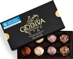 Godiva caja frontal elegante mostrando presentación lista para regalo