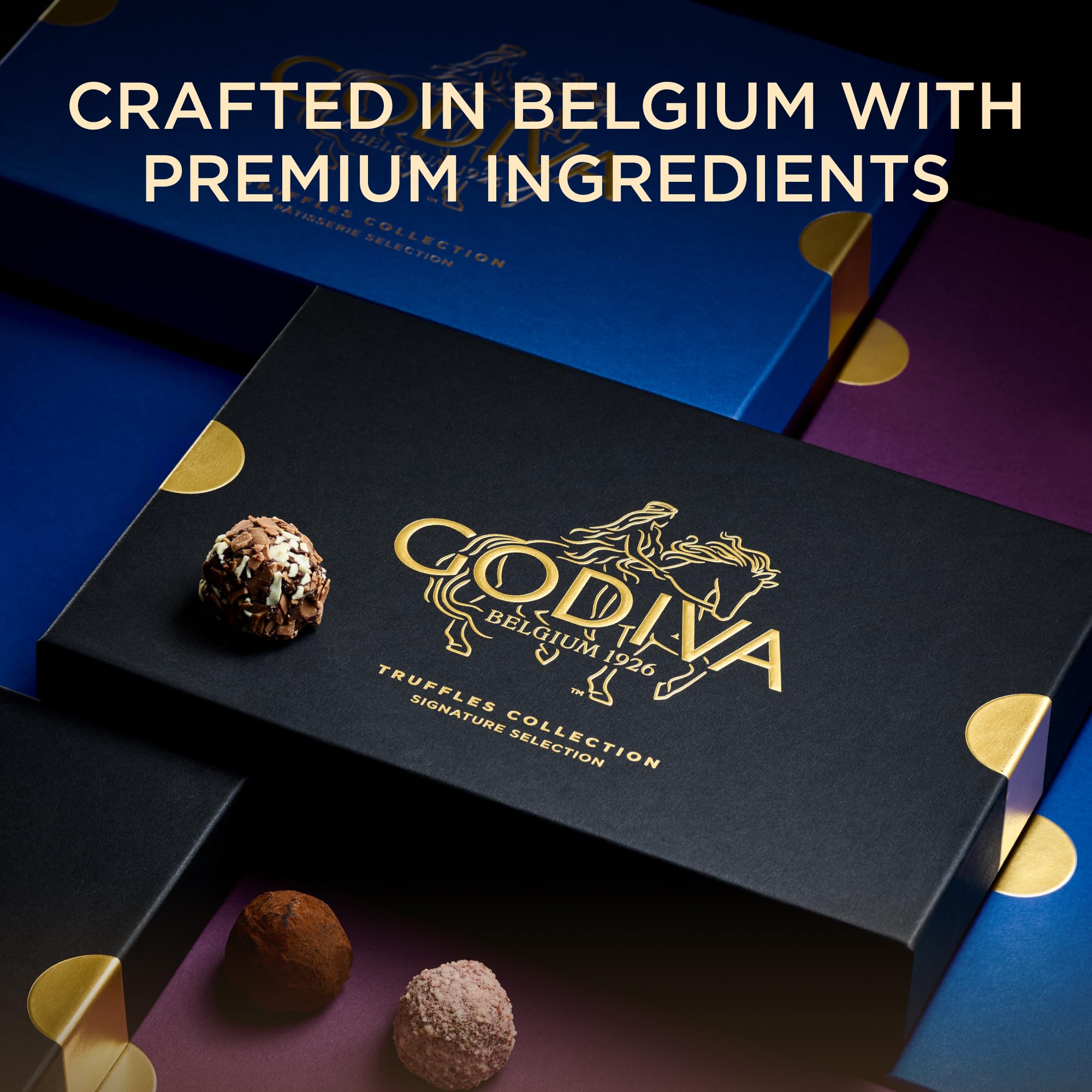 Godiva varias trufas dispuestas que ilustran variedad de sabores
