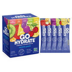 GoHydrate frente del paquete mostrando 30 sobres y beneficio de hidratación rápida