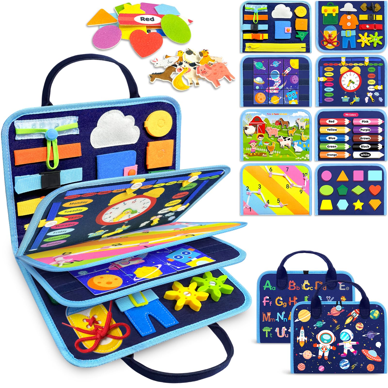 Gojmzo front cover of busy board showing colorful activities for independent learning