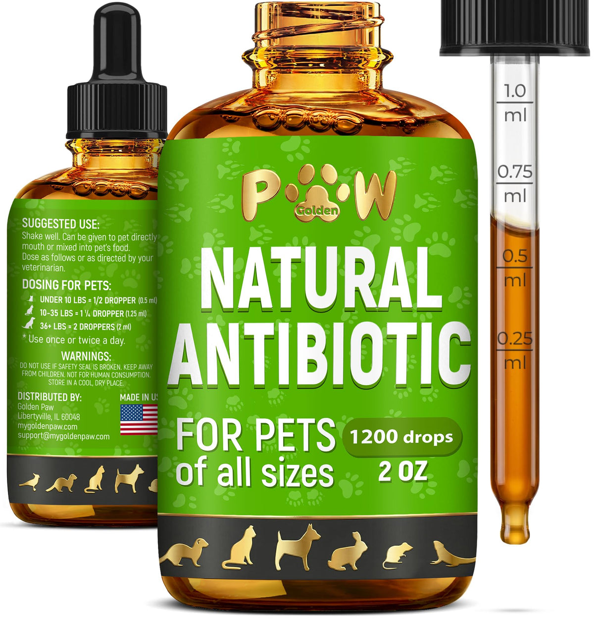 Golden Paw empaque frontal, suplemento orgánico y fácil de usar