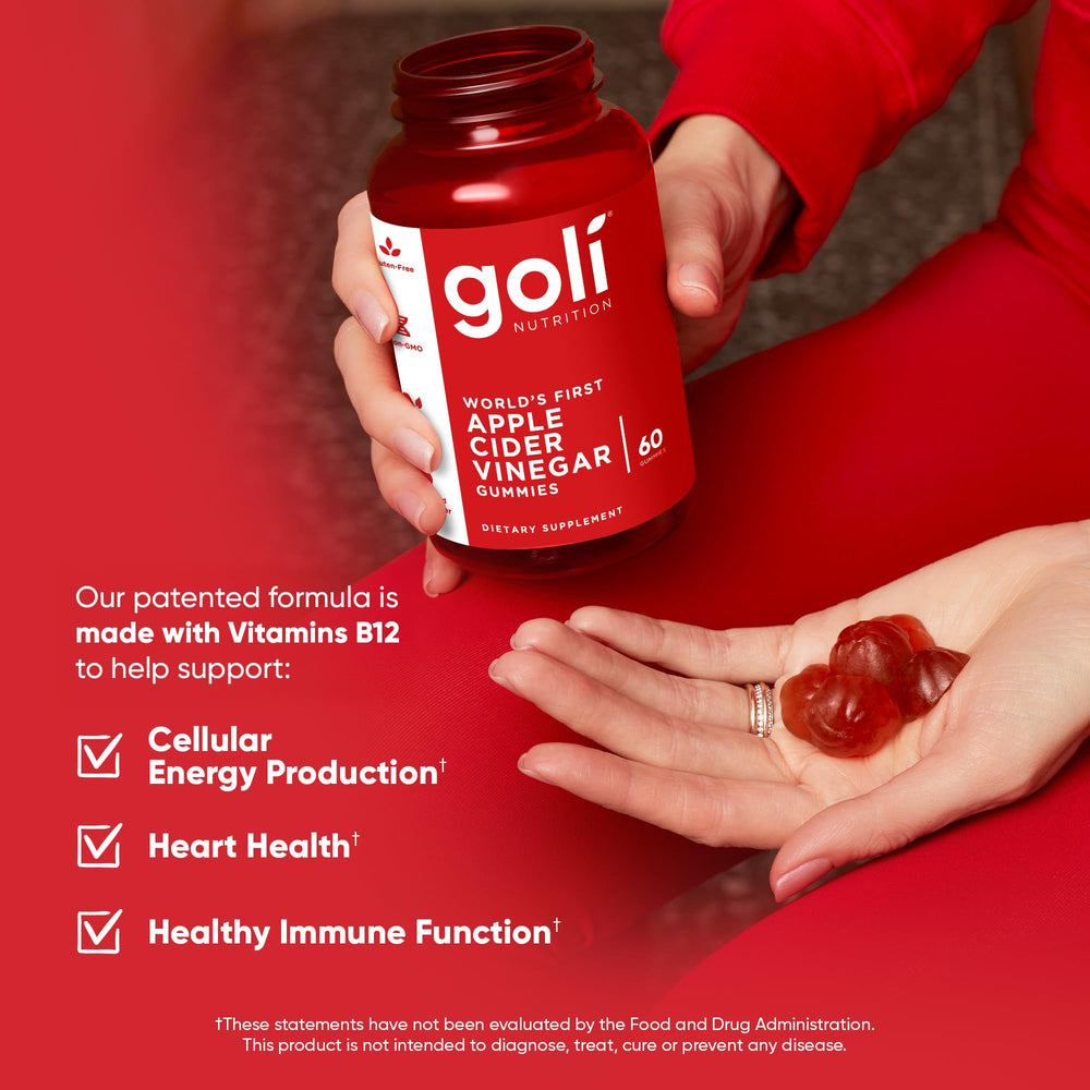 Goli open bottle with gummies on a spoon, showing chewable serving ease