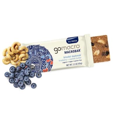 GoMacro ingredients spread with cashews and dried blueberries highlighting quality