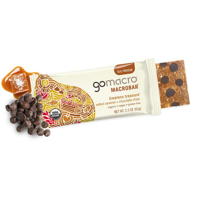 GoMacro chocolate chips detail on bar showing vegan chocolate pieces for indulgent flavor