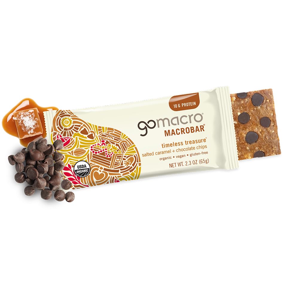 GoMacro chocolate chips detail on bar showing vegan chocolate pieces for indulgent flavor