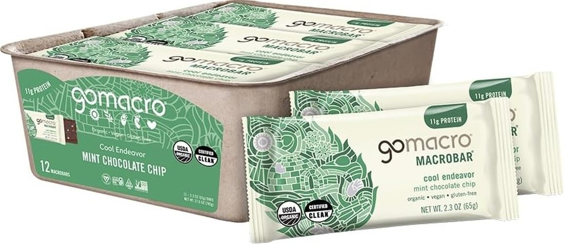 GoMacro empaque frontal Mint Chocolate Chip mostrando tamaño y beneficios veganos
