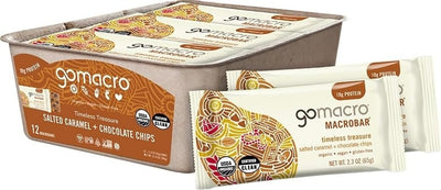 GoMacro front packaging showing salted caramel chocolate chips and organic badge for convenience