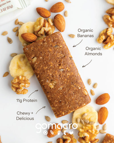 Hand holding GoMacro MacroBar to show 2.3 oz size and easy portability