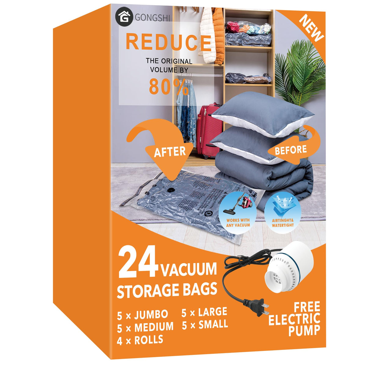 GONGSHI front packaging showing full 24-piece set and pump for easy unpacking