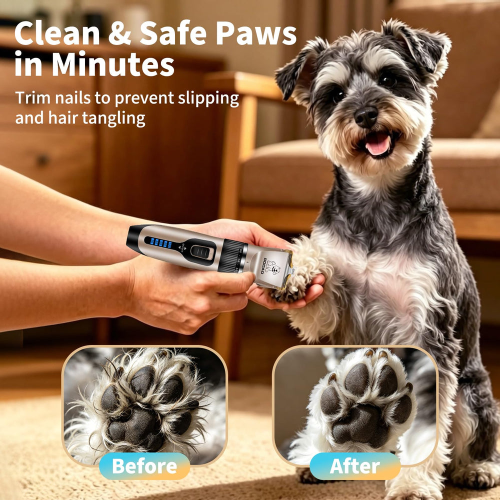 Gooad clippers in use on a dog demonstrating quiet operation and smooth coat removal