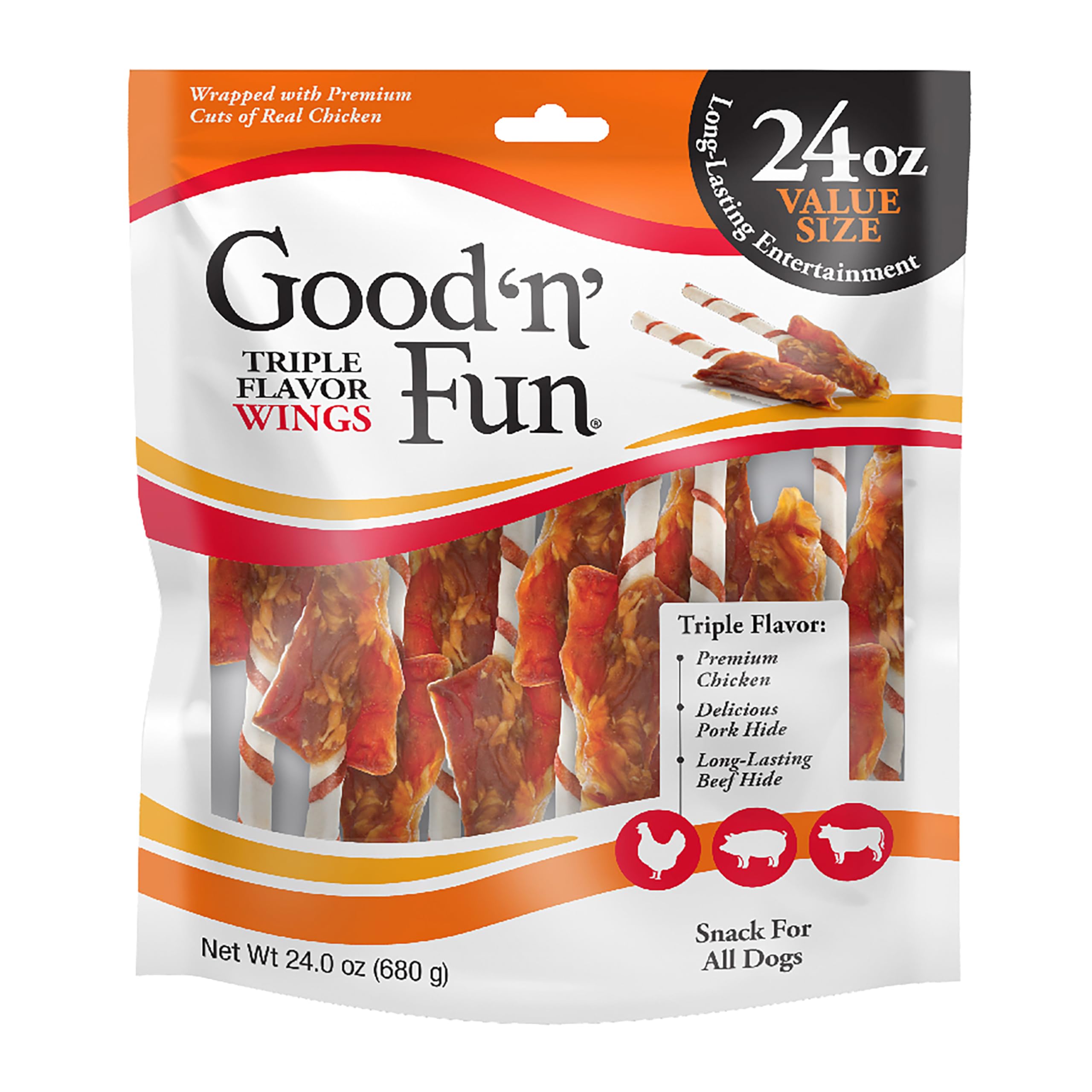 GOOD 'N' FUN embalaje frontal mostrando alitas y tamaño, atractivas y claras