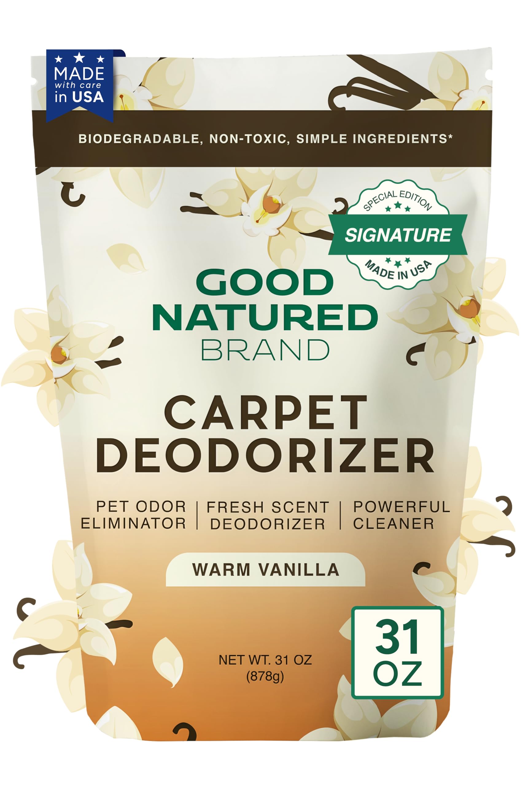 Good Natured Brand envase frontal Warm Vanilla mostrando etiqueta y tamaño práctico