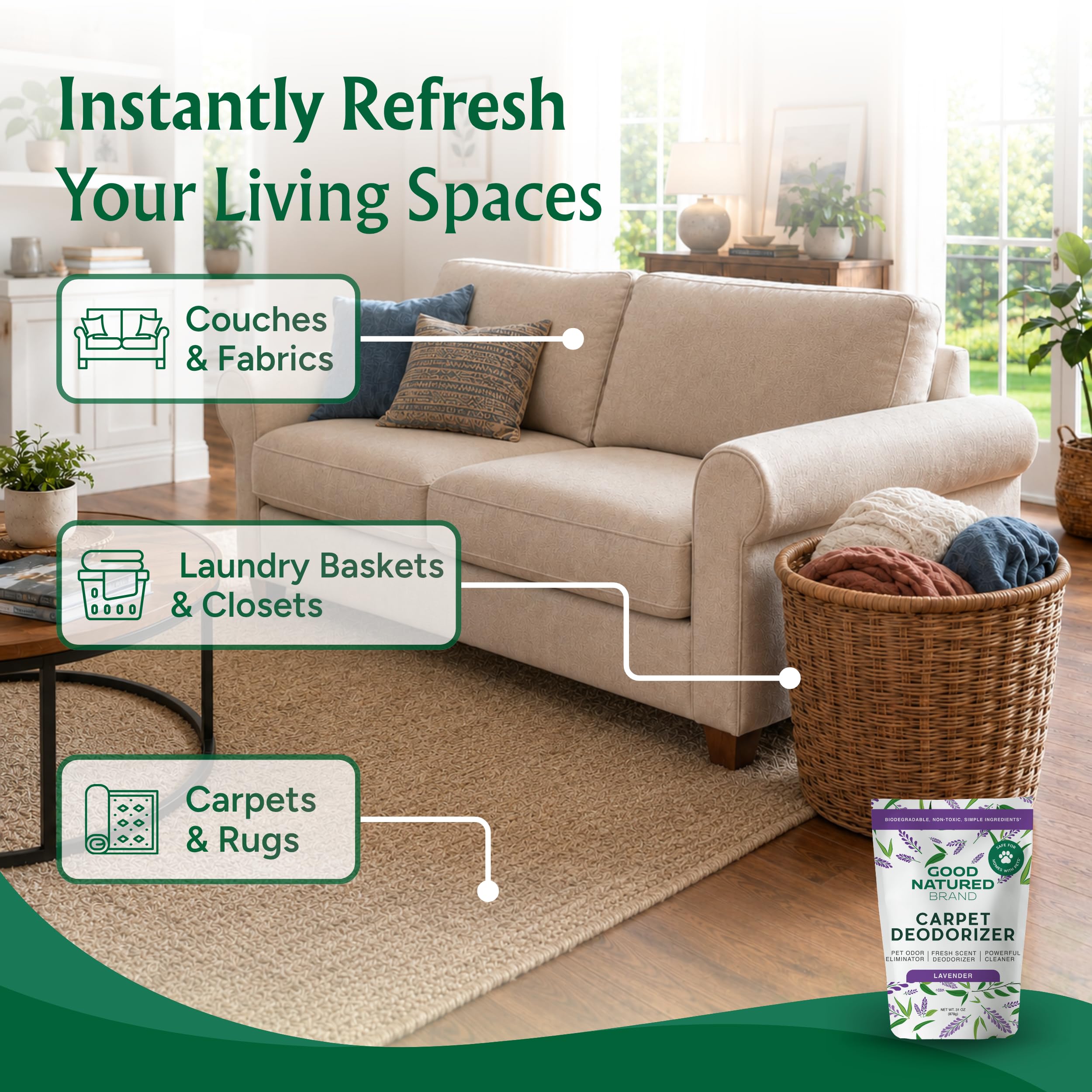 Good Natured Brand sprinkling powder on carpet for deep odor removal benefit