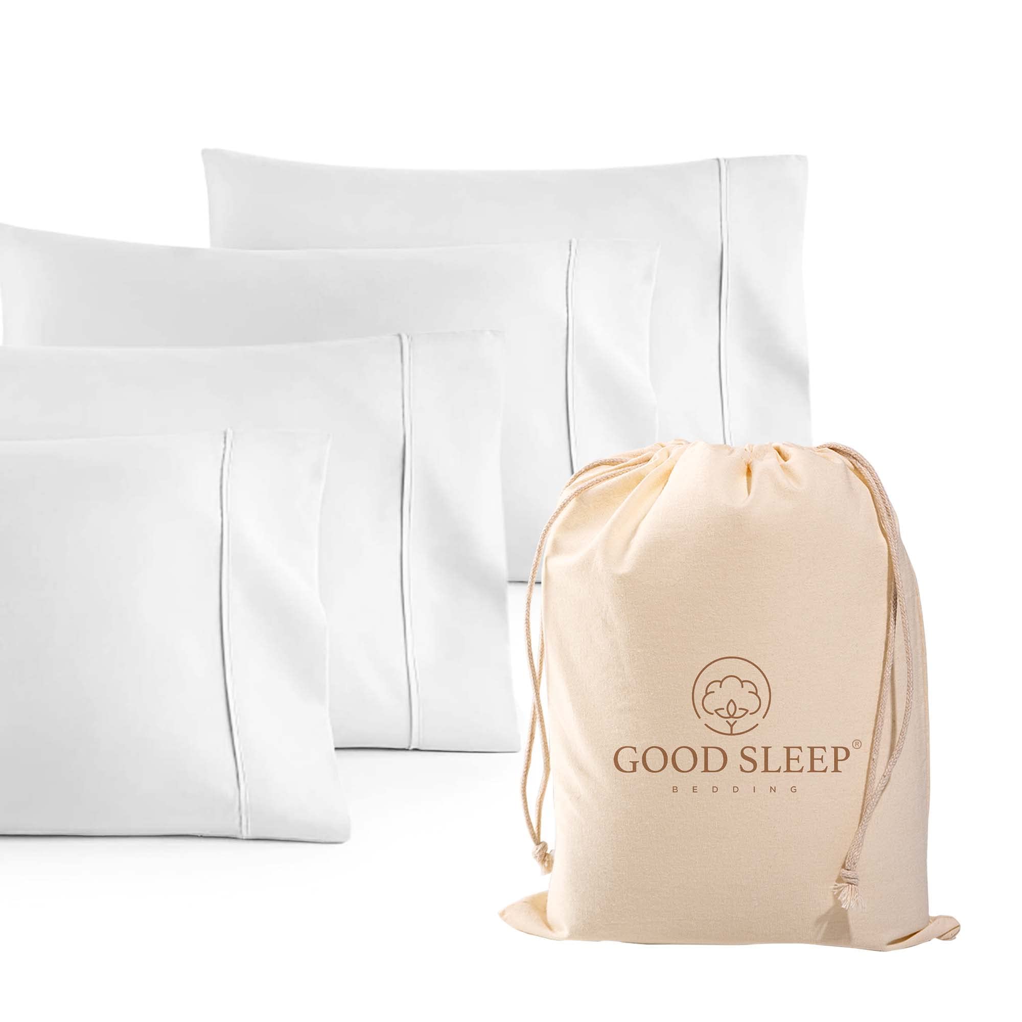 Good Sleep Bedding front packaging shows set of four pillowcases, luxury appeal