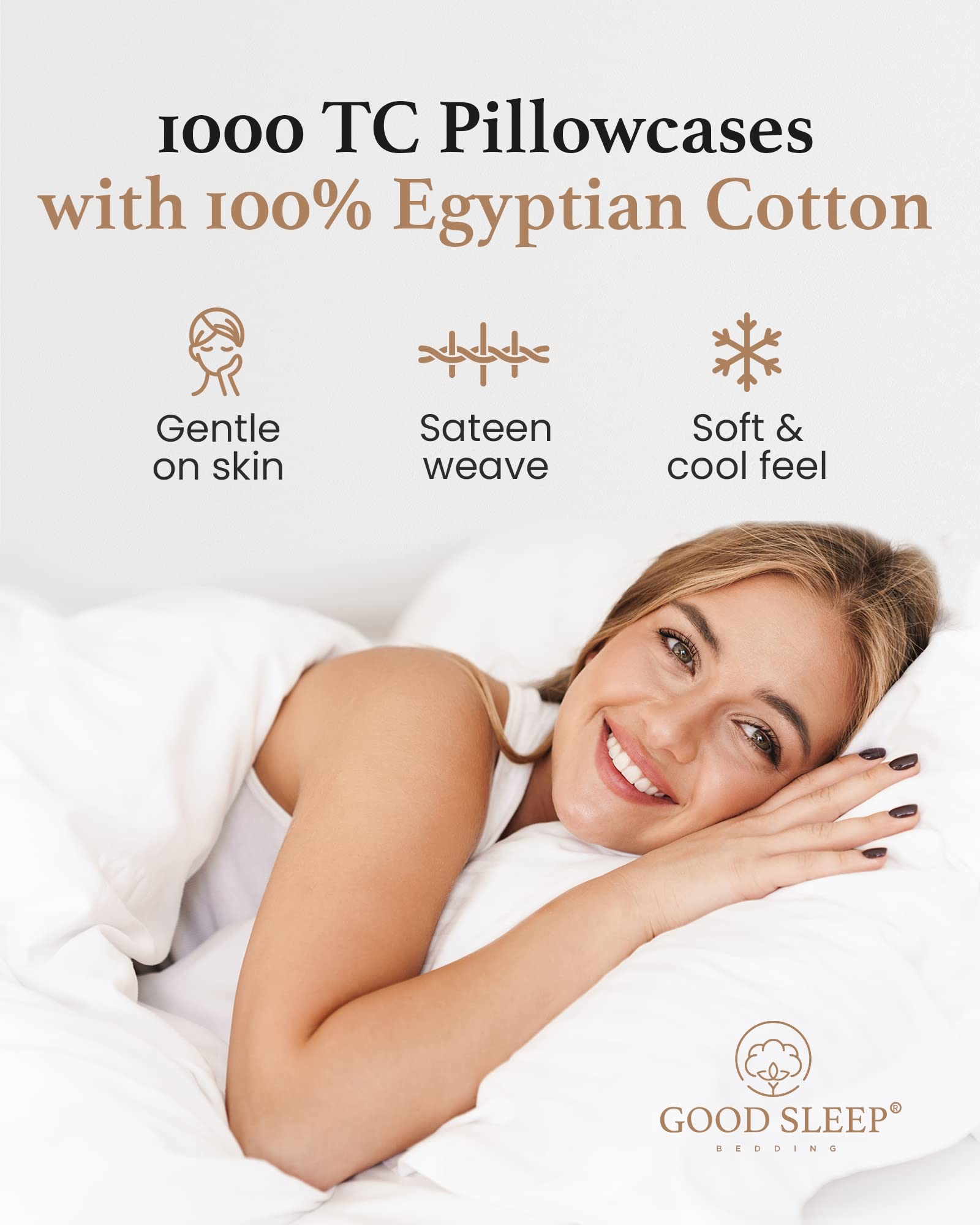 Good Sleep Bedding pillow inside case on made bed, looks hotel-quality