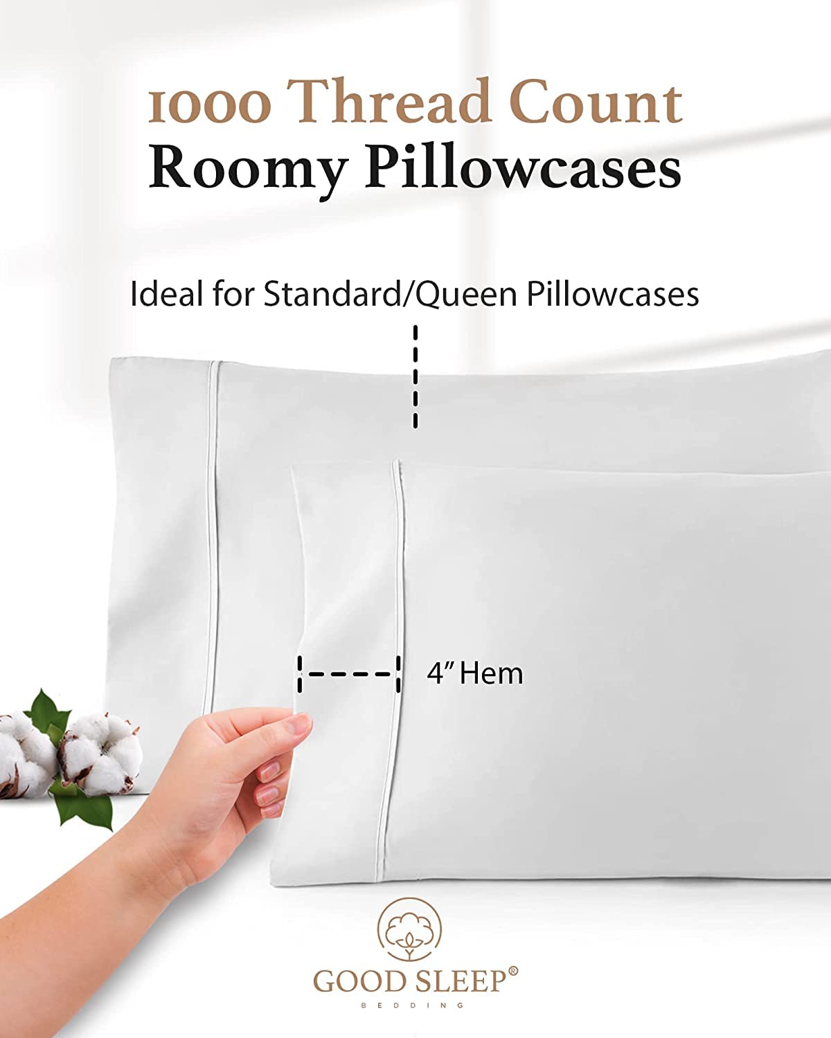 Good Sleep Bedding open-end pillowcase seam detail, neat secure fit benefit