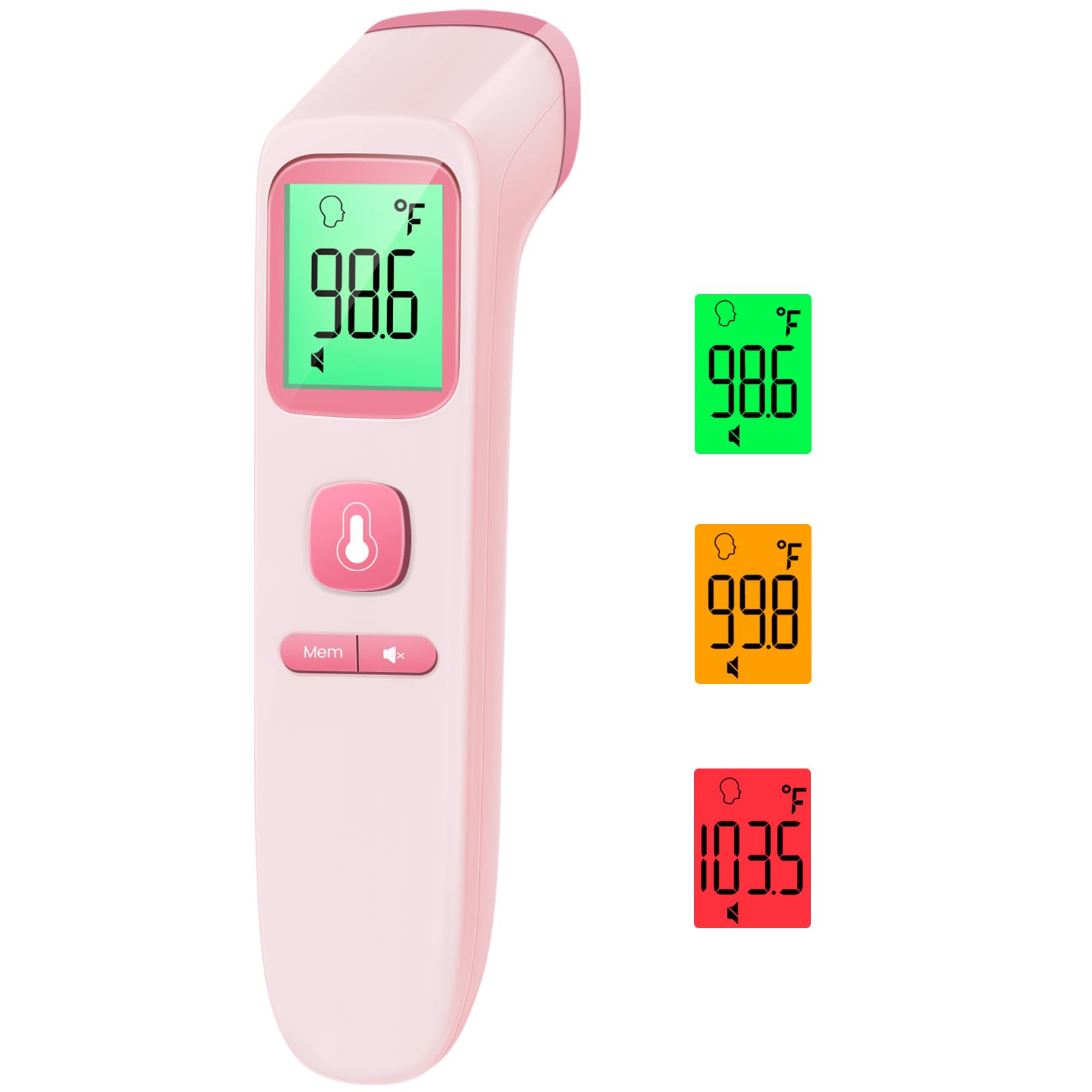 GoodBaby vista frontal del termómetro rosa que destaca su diseño ergonómico