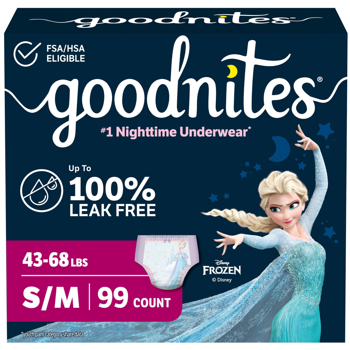 GoodNites front packaging showing size S/M 99 count and convenient bulk supply
