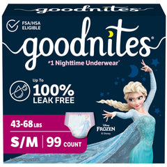 GoodNites front packaging showing size S/M 99 count and convenient bulk supply