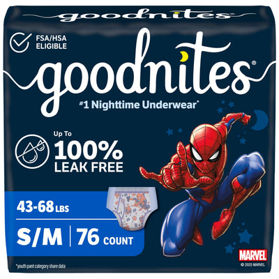 GoodNites front packaging with Spider-Man design showing count and size benefits