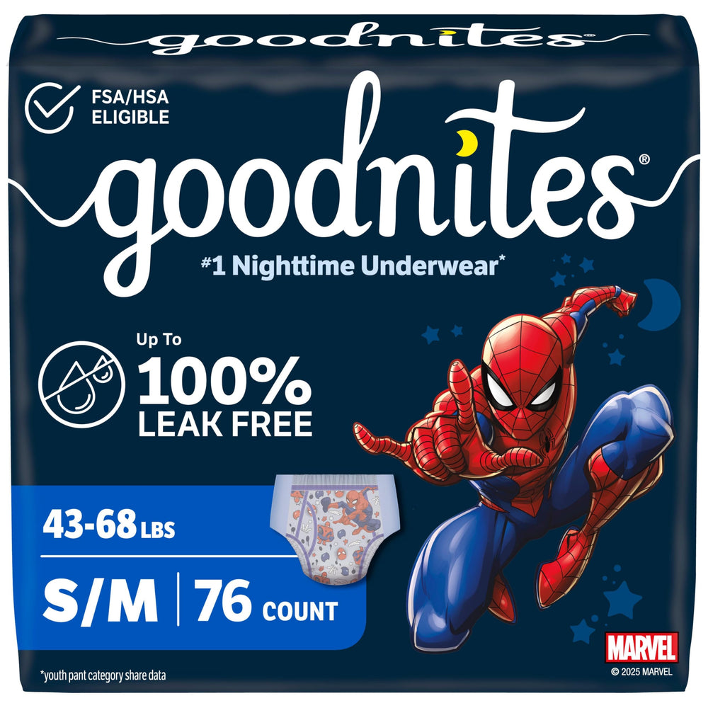 GoodNites front packaging with Spider-Man design showing count and size benefits