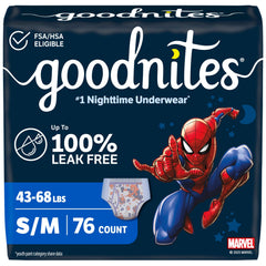 GoodNites front packaging with Spider-Man design showing count and size benefits