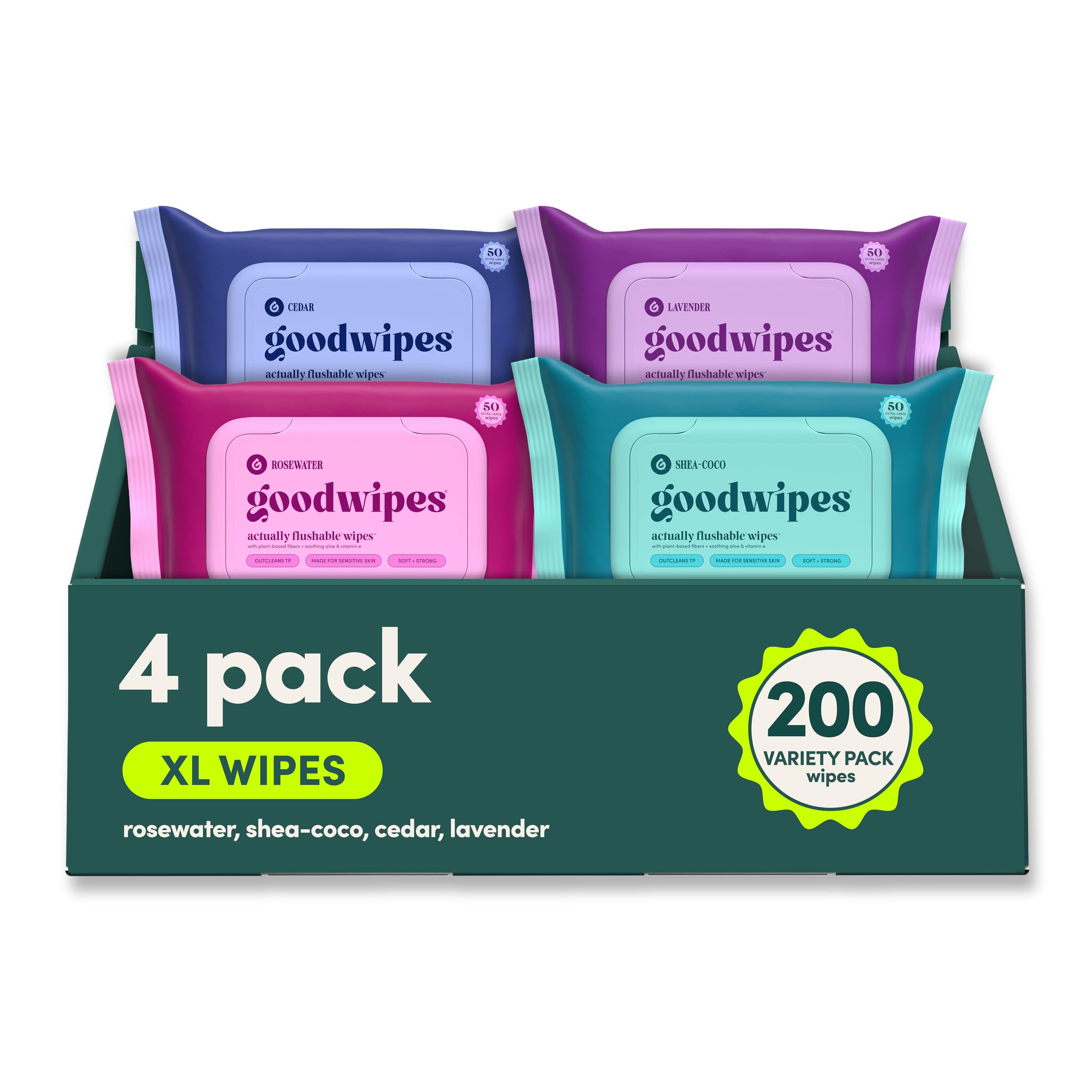 goodwipes frente del pack mostrando cuatro paquetes y 200 toallitas, conveniencia
