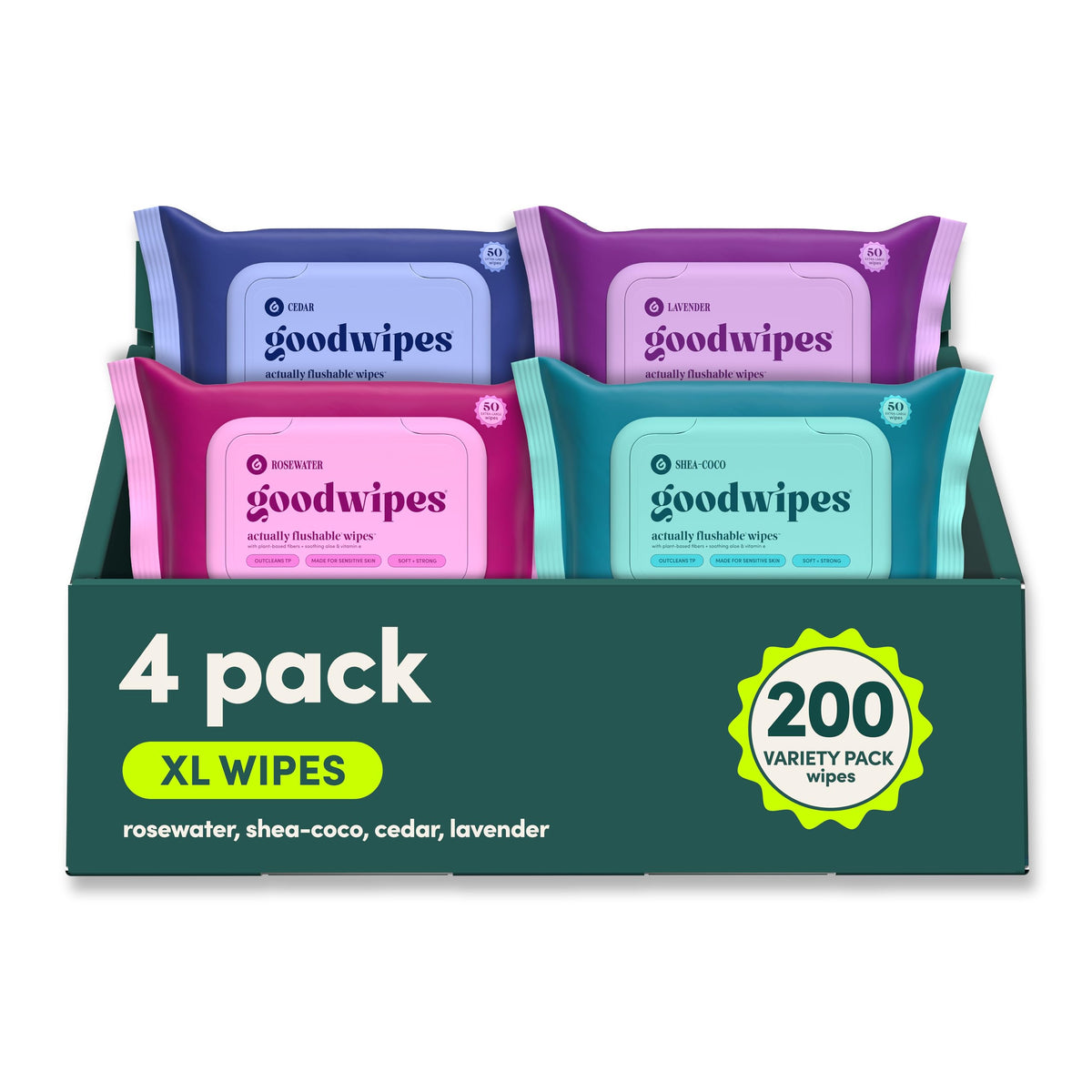 goodwipes frente del pack mostrando cuatro paquetes y 200 toallitas, conveniencia