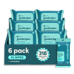 goodwipes paquete frontal Shea-Coco mostrando diseño y sello flushable