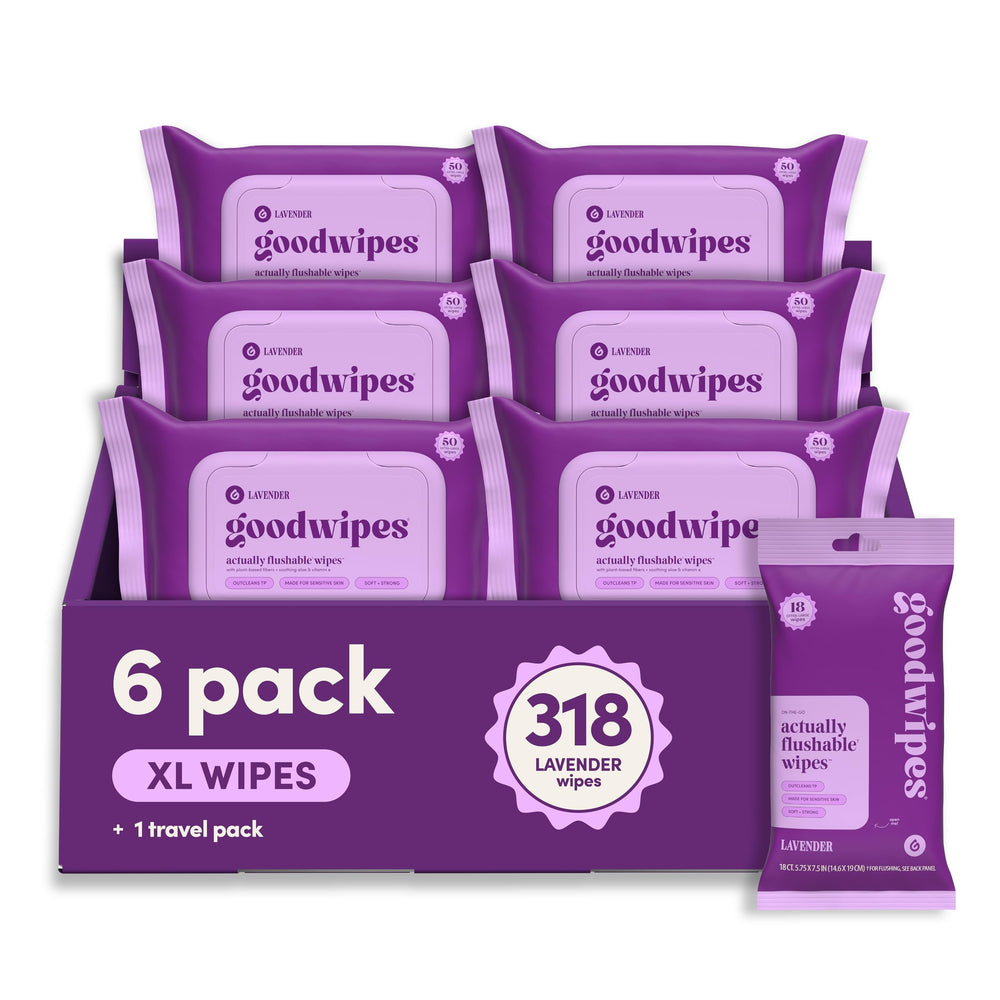 goodwipes paquete frontal lavanda mostrando sellado y diseño práctico