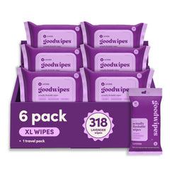 goodwipes paquete frontal lavanda mostrando sellado y diseño práctico
